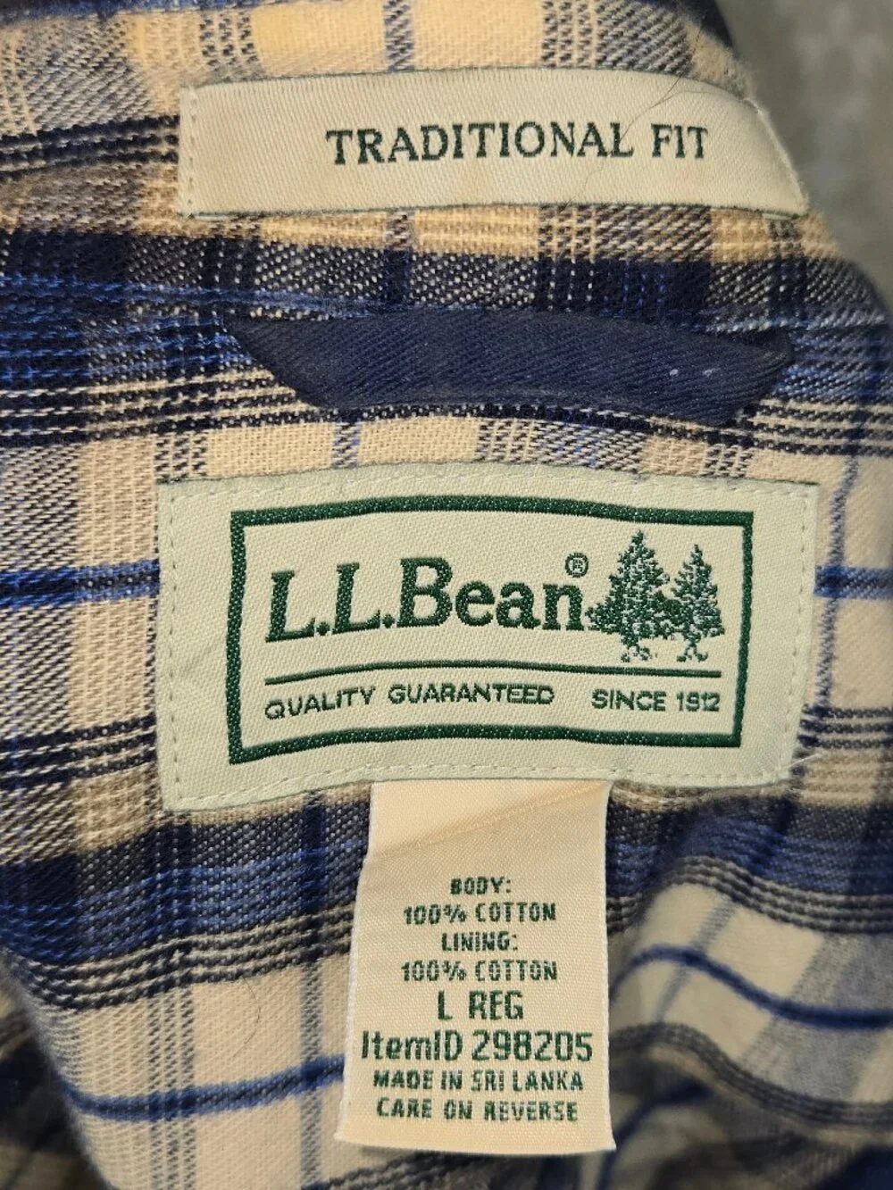 L L Bean Size L Blue Shacket 100% Cotton Traditional Fit Plaid Interior Lining